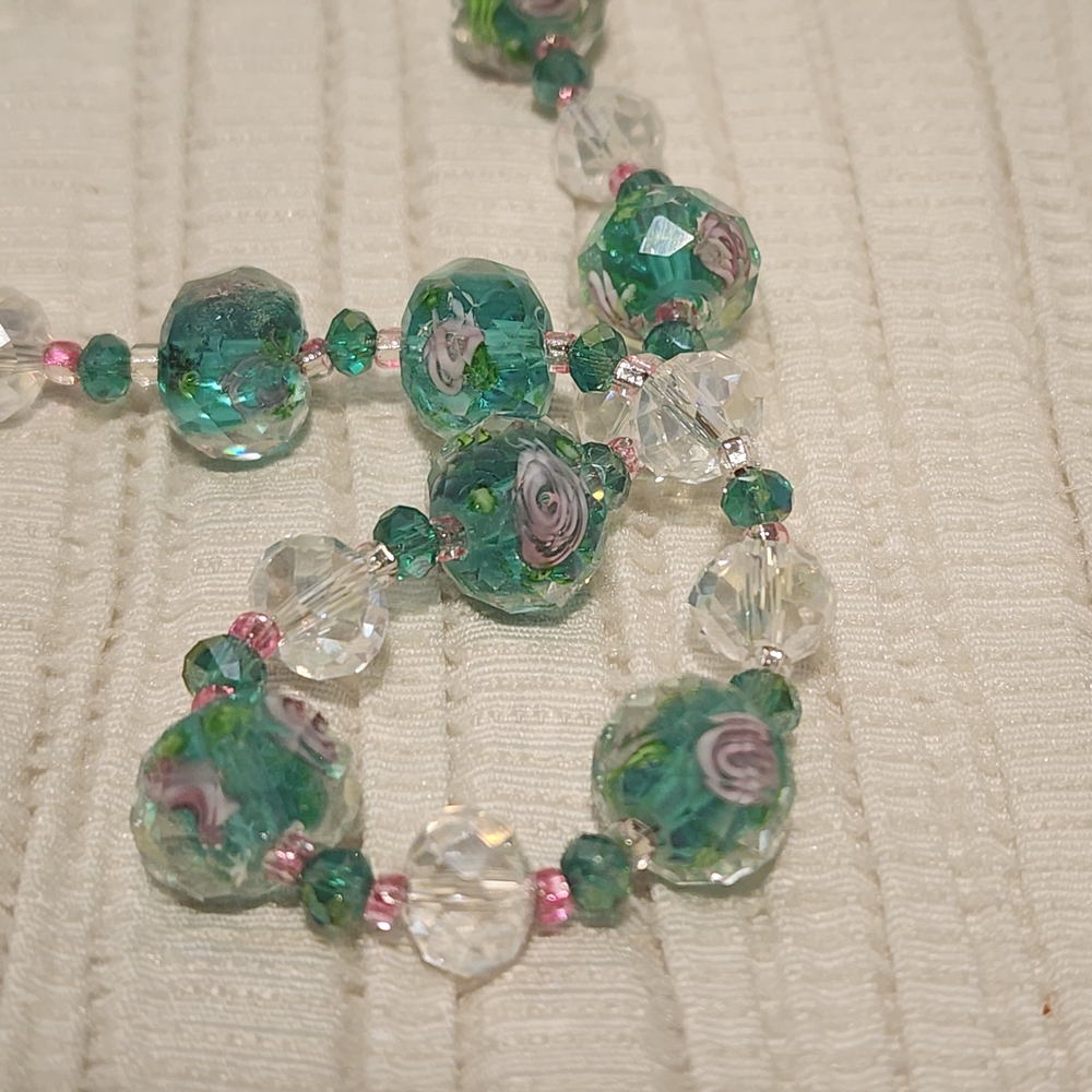 Handmade Lampwork Glass Bead Necklace Pink Green Floral Crystal Beads Toggle